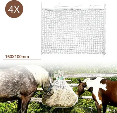 Immagine prodotto di Jiubiaz 4x rete per fieno 160x90cm rete per sacchi di fieno, a maglie strette 3x3 cm, alimentazione a digestione migliorata sacchi di fieno per cavalli capre, capacità di riempimento rete per mangimi circa 9Kg