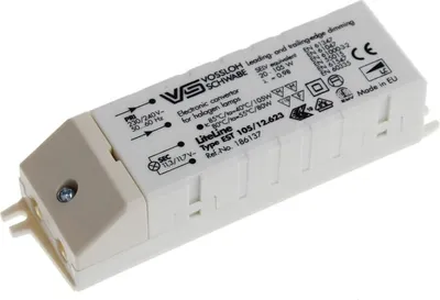 A white electronic converter for halogen lamps is shown on a white background.