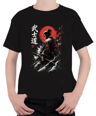Obrázek produktu pro Samuraj, ronin, bushido, katana, Japonsko, Červené slunce, sakura, Y2K, šógun, dětské tričko, černá barva, velikost 128