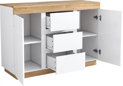 Produktbild von Flieks Kommode Sideboard mit 3 Schubladen und 2 Türen, Wohnzimmerschrank Schubladen Kommode Aufbewahrungsschrank, Weiß Naturbelassen