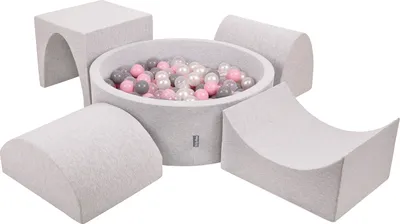 Produktbild von KiddyMoon spielplatz aus schaumstoff mit rund bällebad (300 bälle) ballgruben für babys spielbad hindernisläufen, hergestellt in der eu, hellgrau:perle/grau/transparent/puderrosa