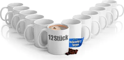 Produktbild von BigDean 12 Stück große Kaffeebecher weiß 300ml spülmaschinenfest aus hochwertigem Porzellan - Tassen zum Bemalen - Kaffeepott Glühweinbecher
