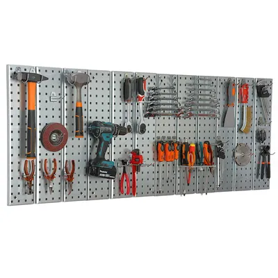 Image de Paroi à outils 155x72cm Système de stockage en métal avec supports d'outils Crochets à outils Planche perforée Atelier Garage Planche enfichable Outils électriques Paroi perforée Étagère enfichable forte Étagère suspendue Support mural prêt à monter