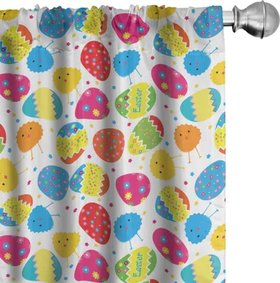 Produktbild von ABAKUHAUS Ostern Vorhänge, Gardinen, Karikatur-Art-Baby-Huhn und bunte Eier mit kleinen Daisy Blossoms und Zickzack, 2 Stück 75 x 245 cm, Mehrfarbig