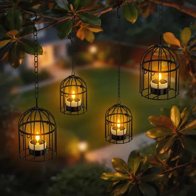 Obrázek produktu pro Sada 4 závěsných solárních lampionů s čajovými svíčkami