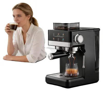 Image de Machine à expresso, pression de la pompe de 15 bars, puissance de 1450 watts, dimensions de 12,5 x 11,5 x 15 pouces, broyeur intégré, fonction de préparation à froid et à chaud