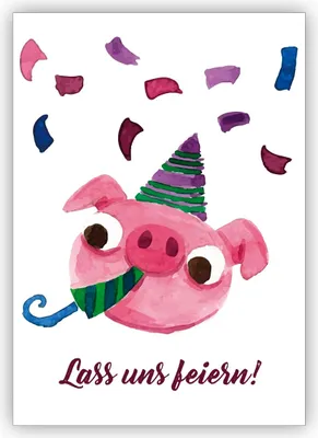 Produktbild von 4x Lustige gemalte Einladungskarte mit Party Schweinchen zum Übertritt, Einschulung, Geburtstag und was es noch zu feiern gibt: Lass uns feiern
