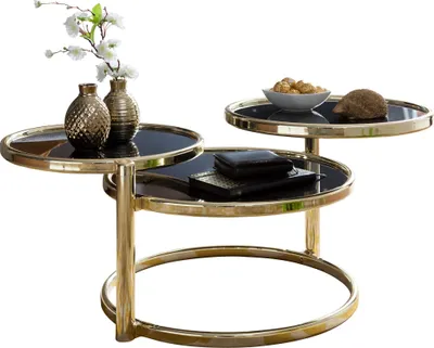 Produktbild von Couchtisch mit 3 Tischplatten Schwarz / Gold 58 x 43 x 58 cm | Beistelltisch Rund | Design Wohnzimmertisch Glas / Metall | Designer Glastisch Sofatisch modern | Kleiner Loungetisch