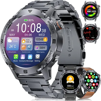 Produktbild von FITFLEX Smartwatch Herren 1,43" AMOLED Touchscreen, Bluetooth-Anrufe, 120 Sportmodi, IP68 wasserdicht, Herzfrequenz/Schlafmonitor, 3 Armbänder