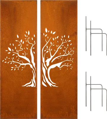 Produktbild von D&L Lasertec Edelrost Garten 2er Set Sichtschutzwand Metall 160x50 cm Baum inklusive Bodenanker