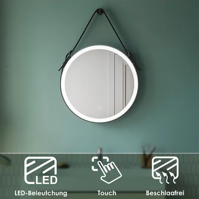 Image de SONNI Miroir de salle de bain rond Suspension par sangle Ø 60 cm Interrupteur tactile avec éclairage LED blanc froid et fonction antibuée Lumière Miroir rond
