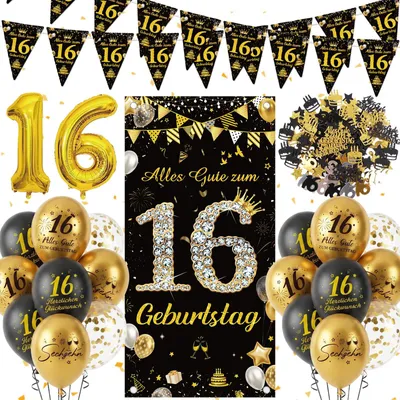 Image de Kit de décoration pour anniversaire - 29 pièces, comprenant une banderole, des ballons et une guirlande - pour la décoration de fêtes - noir et or