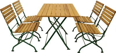 Produktbild von DEGAMO Gartengarnitur Sitzgruppe Klappgarnitur PASSAU 5-teilig, Flachstahl grün + Robinie, klappbar (4x Klappstuhl, 1x Klapptisch 70x110cm rechteckig)