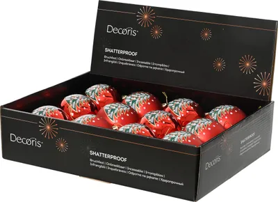 Produktbild von Weihnachtskugeln Kunststoff 8cm mit Tannenbaum Motiv 12er Set Rot