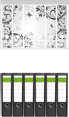 Produktbild von Wallario 6 Stück breite Ordner inkl. Klebeetiketten mit Motive Schnörkelmuster mit Schmetterlingen -  Set mit Rückenschildern / Ordnerrücken Stickern
