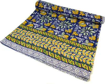 Produktbild von Blockdruck Tagesdecke, Bett & Sofaüberwurf, Handgearbeiteter Wandbehang, Wandtuch - Design 21, Blau, Baumwolle, Größe: Double 225*275 cm