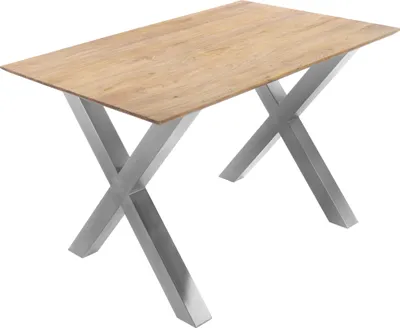 Produktbild von Esstisch 120x80cm Akazie massiv eichenfarben schweizer Kante X-Gestell silber DEAN