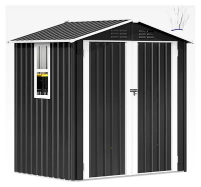 Produktbild von Großes Stahl Gartenhaus 6x4 Fuß mit Fenster, abschließbaren Türen und Schrägdach, Geräteschuppen für Terrasse und Garten, L171*W118*H185cm Grau-Weiß