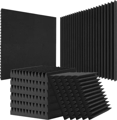 Obrázok produktu pre VEVOR akustické penové panely, sada 50 ks, 30x30x5 cm, vysokohustotné zvukovoizolačné stenové panely, tepelne odolné akustické panely, akustické penové rohože na steny a stropy štúdií, čierne