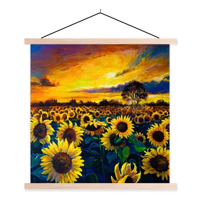 Produktbild von MuchoWow® Textilposter Gemälde - Ölfarbe - Blumen - Sonnenblume 120x120 cm mit holzfarbenen Rahmen - Textil-Poster