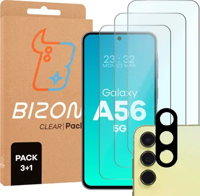 A product shot featuring a phone screen protector pack and a partial view of a smartphone.