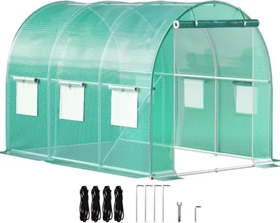 Produktbild von Gehbares Tunnel-Gewchshaus - Tragbares Pflanzen-Heißhaus aus verzinktem Stahl - 3x2,1x2,1m - Mit 1 Oberbalken, diagonalen Stangen und 6 aufrollbaren Fenstern - Inkl. Reißverschlusstür - Grün.