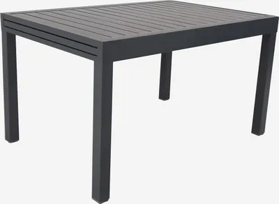 A dark gray aluminum garden table with a slatted top and four legs, shown against a white background.