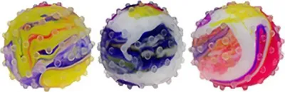 Three colorful, textured stress balls are displayed side-by-side against a white background.