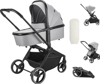 Produktbild von Booboo Jazzi Kinderwagen, 2 in 1 Kombikinderwagen mit Sportwagen + Babywanne, ab Geburt bis 22 kg, leicht, kompakt, große Räder - Grey