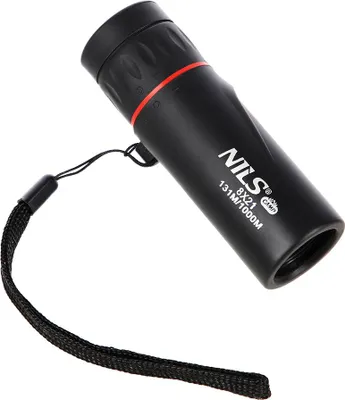 A black monocular with a wrist strap against a white background.