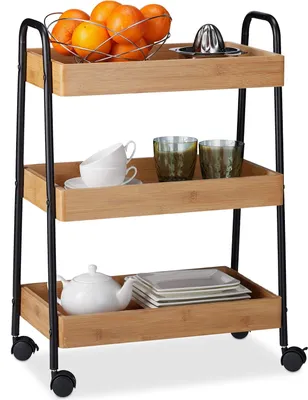Produktbild von Relaxdays Servierwagen Bambus, 3 Ablagen, 360° drehbare Rollen, mit Griffen, Stahlgestell, HBT 70x49x28cm, natur/schwarz