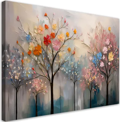Produktbild von Leinwandbild Blühende Bäume Gemalte Blumen 60x40 Feeby Bunt bild für die wand bereit zum aufhängen
