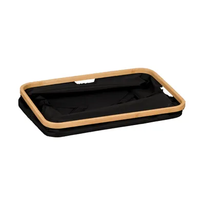 A black fabric storage basket with a bamboo frame is shown against a white background.
