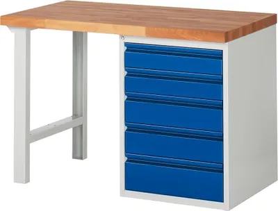 Produktbild von Werkbank mit 5 Schubladen - 120:2 / 150:2 / 180:1 - 840 x 1.250 x 700 mm (HxBxT) - Traglast 1.000 kg - Buche