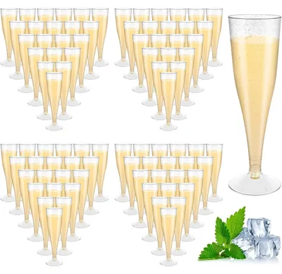 Productafbeelding van Kunststof champagneglazen, 160 ml, herbruikbaar, met zilverglitters, BPA-vrij, transparant, roze, 100 stuks