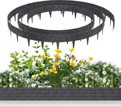 Produktbild von TRMLBE Rasenkante Kunstoff 10 m Beeteinfassung Steinimitatziegel, Beeteinfassung mit Stifte Mähkante biegbarer schneibar Natürlich Gartenpalisade 100x20cm/Stück Beetzaun, Anthrazit