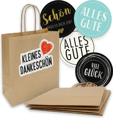 Produktbild von itenga 5x Geschenktüte mit Kordel 18x8x22cm + Sticker MIX Geschenkaufkleber