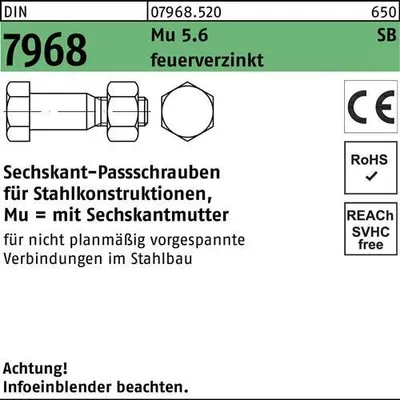 Produktbild von Reyher  Sechskant-Paßschrauben DIN 7968 Mu 5.6/CE M 12x90 tZn (50 Stück)
