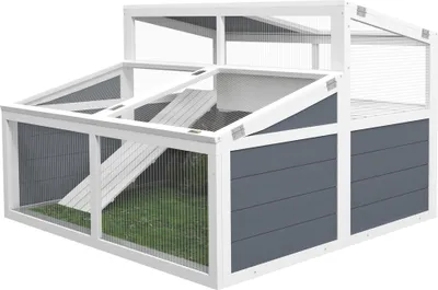 Produktbild von PawHut Kleintiergehege für Schildkröten mit 2 Abteilen, Polycarbonatdach, 3 Türen, Rampe, 115 x 115 x 82 cm – Grau