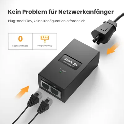 Produktbild von Tenda PoE15F PoE Injector, 48V, 15W, passiver PoE Adapter, kompatibel mit IEEE 802.3af, 100m Reichweite, schwarz
