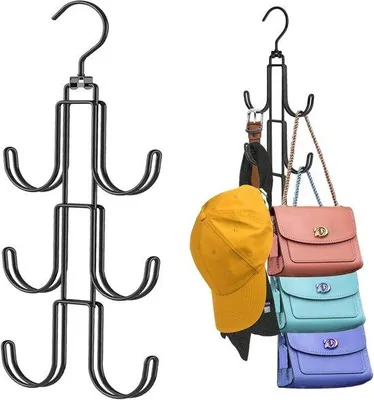 Produktbild von 2 Stück – Garderoben-Haken-Organizer für Handtaschen – Hängender Garderoben-Organizer – Drehbarer Taschenhalter – Platzsparender Haken – Garderoben-Organizer – Zum Aufhängen von Taschen, Hüten, Gürteln, Krawatten und Schals – Schwarz