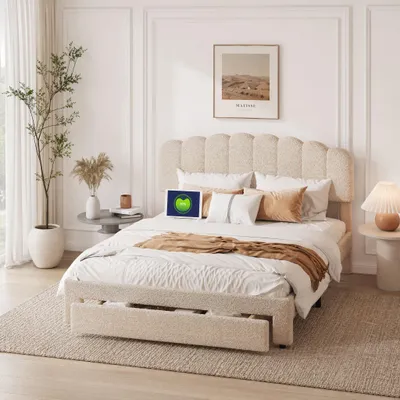 Produktbild von INONEFT Polsterbett 160x200 cm, Jugendbett mit USB und Verstellbarem Kopfteil, Doppelbett mit 1 Schubladen, Teddystoff, Beige, Ohne Matratze