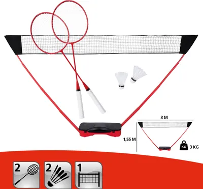 Produktbild von Donnay Badminton Set für 2 Personen - Federbälle, Schläger und Netz - Komplett-Set mit Reisetasche - Schwarz/Rot