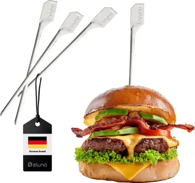 Image de eluno Set de 4 brochettes à burger - 19 cm de long - convient pour les sandwichs, les chachlyks et les fruits, en acier inoxydable de haute qualité