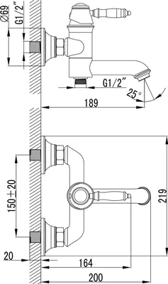 Technical drawing of a faucet with dimensions and angles.