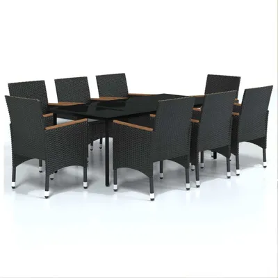 A black outdoor dining set with eight chairs and a table, presented on a white background.