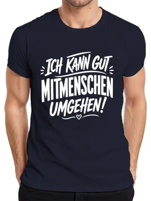Immagine prodotto di T-shirt da uomo, colore blu navy, taglia S, con scritta: "So bene con le persone... (ironico)"