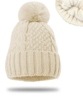 Immagine prodotto di Berretto da donna, inverno, beige, foderato, con pompon, in maglia, caldo
