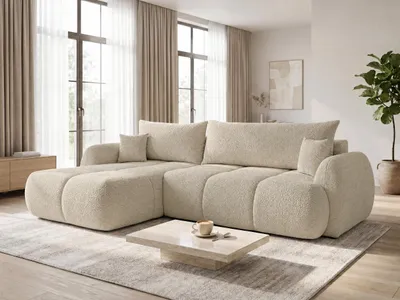 Produktbild von Ecksofa Loria mit Schlaffunktion und Bettkasten - Bouclé-Stoff - L-Form Couch, Polstersofa, Schlafsofa, Sofagarnitur, Bettsofa (Beige (Coral 65), Ecksofa Links)