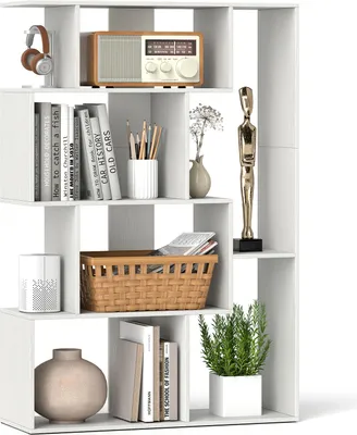 Immagine prodotto di Scaffale a 6 scomparti, moderno scaffale a vista, mobile divisorio a forma di S con sistema anti-ribaltamento, finitura in legno per soggiorno, ufficio, bianco
